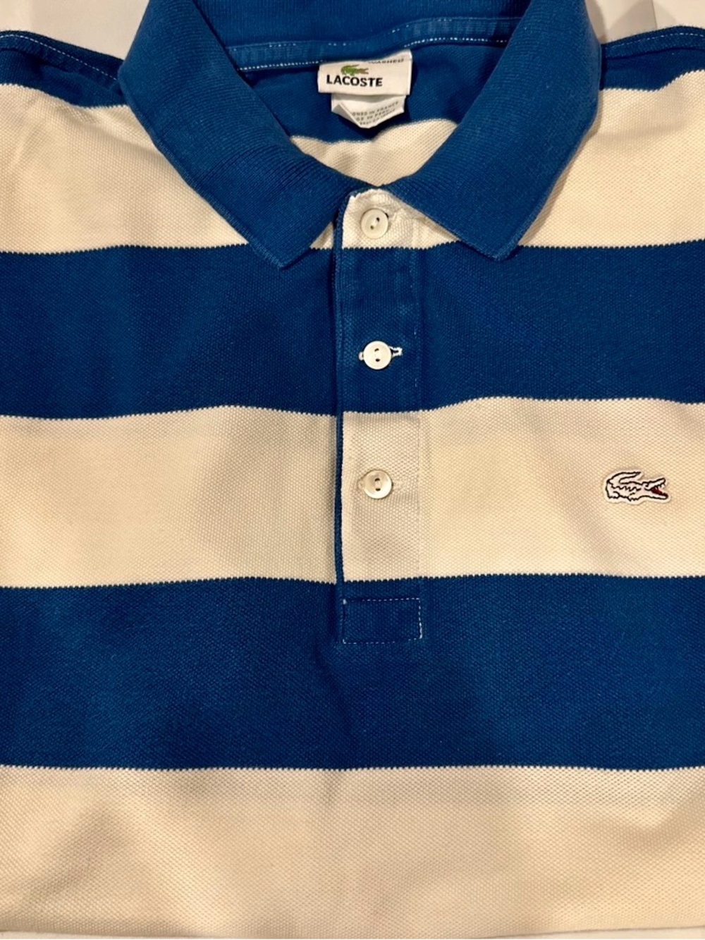 Lacoste Vintage washed polo in blue and cream stripes, size 6 EU